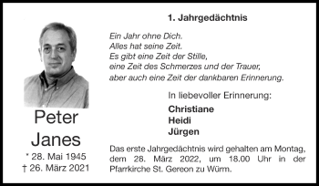 Traueranzeige von Peter Janes von Zeitung am Sonntag