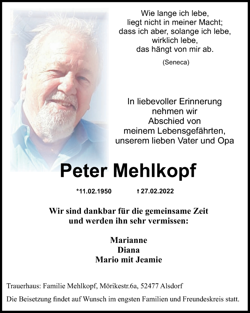  Traueranzeige für Peter Mehlkopf vom 06.03.2022 aus Zeitung am Sonntag