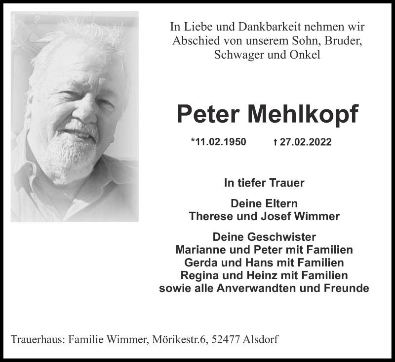  Traueranzeige für Peter Mehlkopf vom 06.03.2022 aus Zeitung am Sonntag