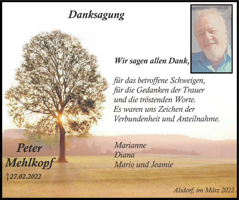  Traueranzeige für Peter Mehlkopf vom 20.03.2022 aus Zeitung am Sonntag