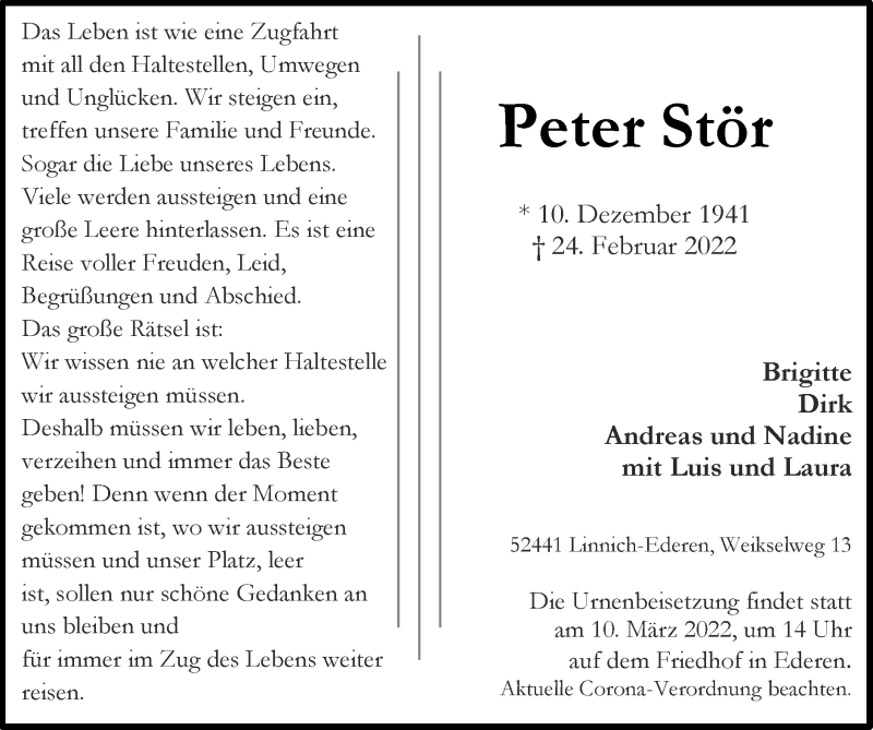  Traueranzeige für Peter Stör vom 06.03.2022 aus Zeitung am Sonntag