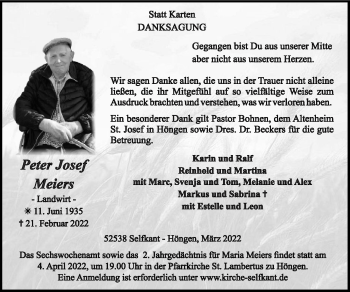 Traueranzeige von Peter Josef Meiers von Zeitung am Sonntag