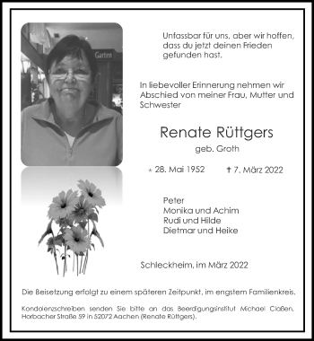 Traueranzeige von Renate Rüttgers von Zeitung am Sonntag