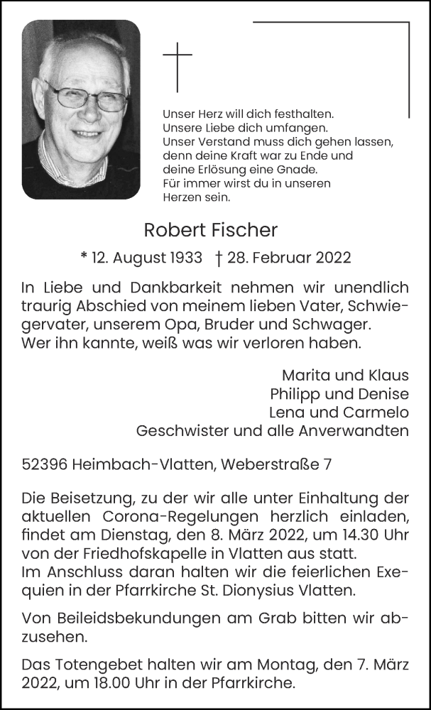  Traueranzeige für Robert Fischer vom 06.03.2022 aus Zeitung am Sonntag