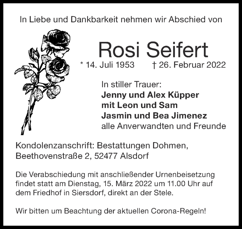  Traueranzeige für Rosi Seifert vom 13.03.2022 aus Zeitung am Sonntag
