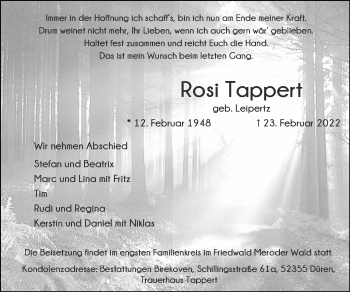 Traueranzeige von Rosi Tappert von Zeitung am Sonntag