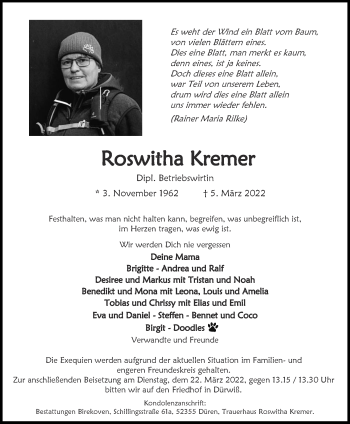 Traueranzeige von Roswitha Kremer von Zeitung am Sonntag