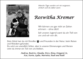 Traueranzeige von Roswitha Kremer von Zeitung am Sonntag