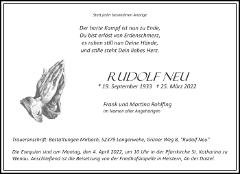 Traueranzeige von Rudolf Neu von Aachener Zeitung / Aachener Nachrichten
