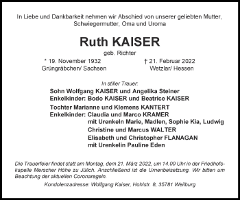Traueranzeige von Ruth Kaiser von Zeitung am Sonntag