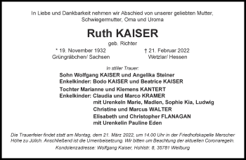 Traueranzeige von Ruth Kaiser von Aachener Zeitung / Aachener Nachrichten