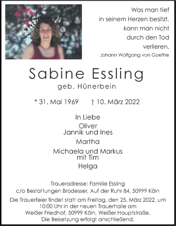 Traueranzeige von Sabine Essling von Zeitung am Sonntag