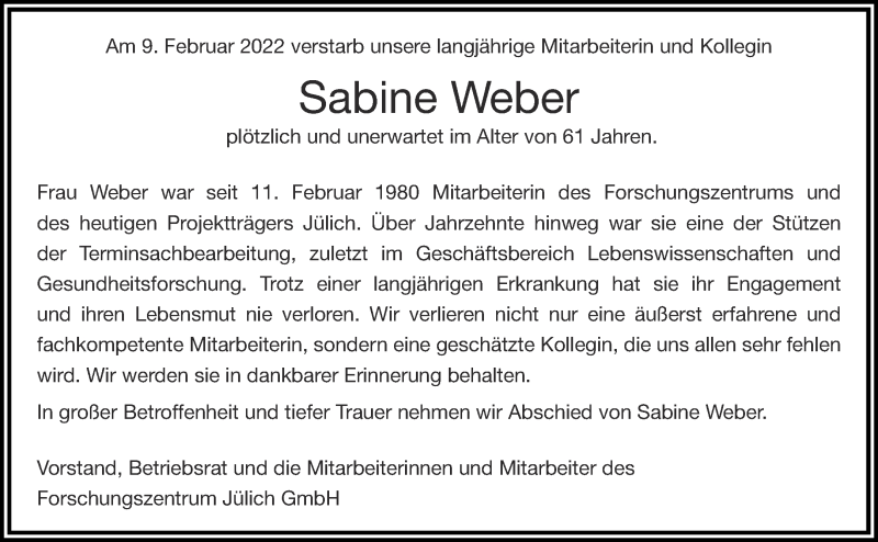  Traueranzeige für Sabine Weber vom 03.03.2022 aus Aachener Zeitung / Aachener Nachrichten