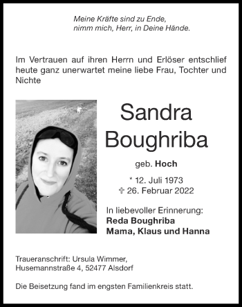 Traueranzeige von Sandra Boughriba von Zeitung am Sonntag