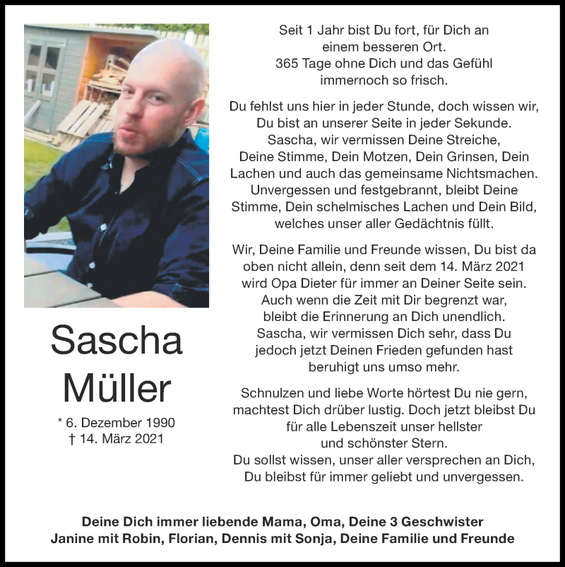  Traueranzeige für Sascha Müller  vom 13.03.2022 aus Zeitung am Sonntag