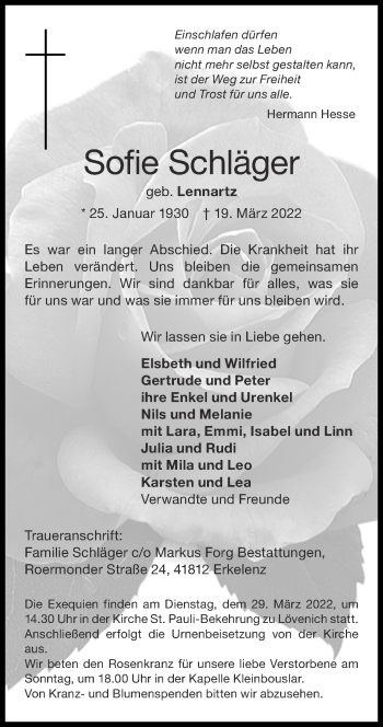 Traueranzeige von Sofie Schläger von Zeitung am Sonntag