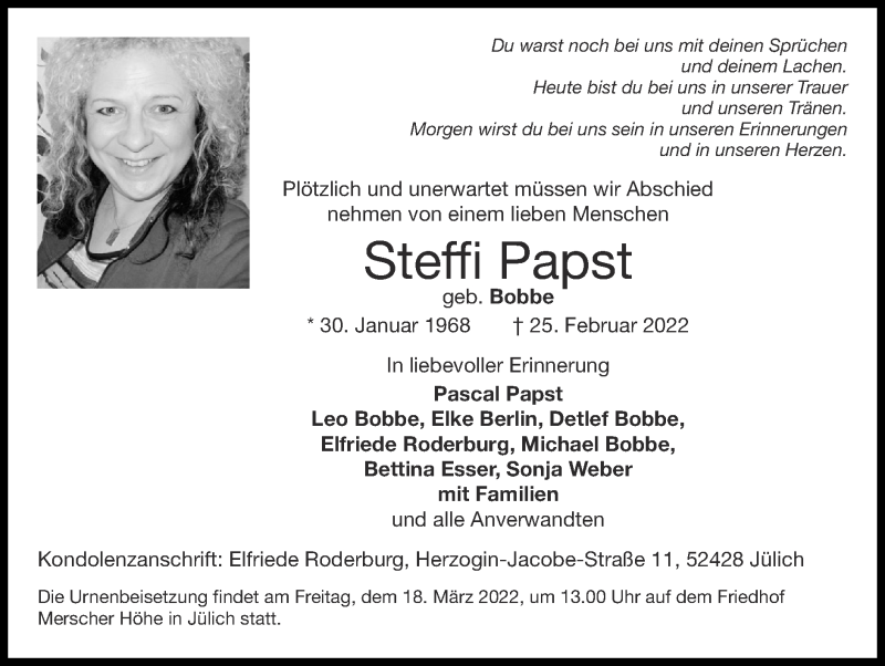  Traueranzeige für Steffi Papst vom 13.03.2022 aus Zeitung am Sonntag