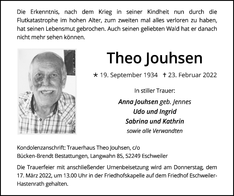 Traueranzeige für Theo Jouhsen vom 13.03.2022 aus Zeitung am Sonntag