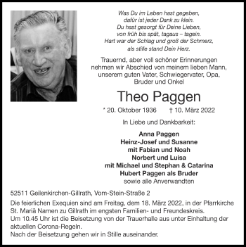 Traueranzeige von Theo Paggen von Zeitung am Sonntag