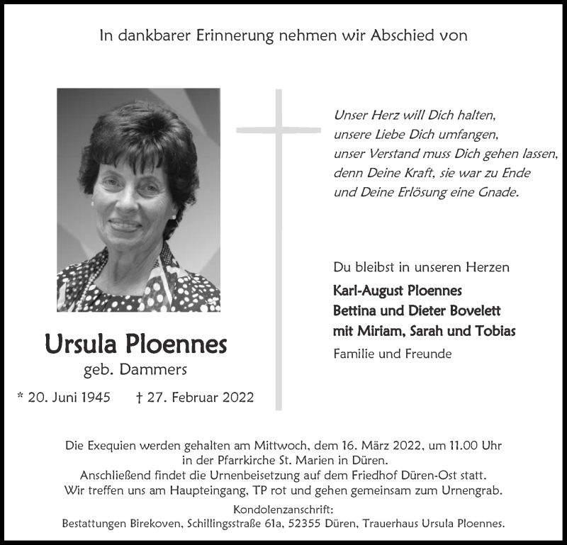  Traueranzeige für Ursula Ploennes vom 13.03.2022 aus Zeitung am Sonntag