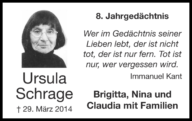  Traueranzeige für Ursula Schrage vom 27.03.2022 aus Zeitung am Sonntag