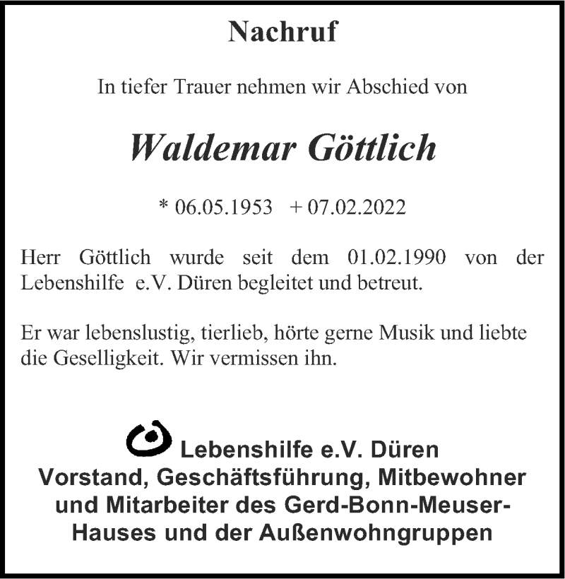  Traueranzeige für Waldemar Göttlich vom 06.03.2022 aus Zeitung am Sonntag