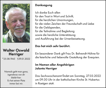 Traueranzeige von Walter Oswald Herriger von Zeitung am Sonntag