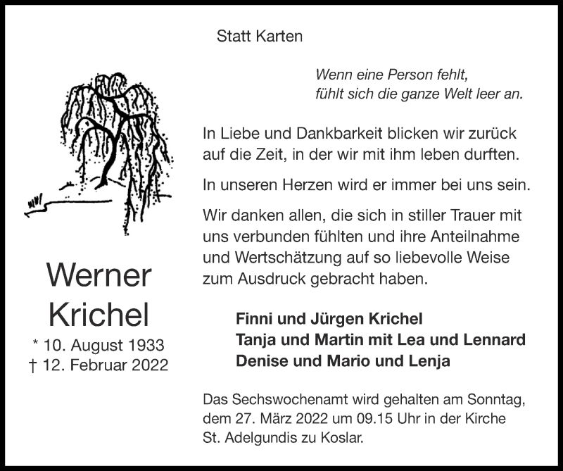  Traueranzeige für Werner Krichel vom 20.03.2022 aus Zeitung am Sonntag
