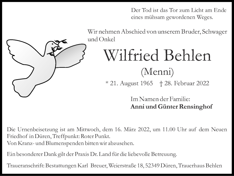  Traueranzeige für Wilfried Behlen vom 13.03.2022 aus Zeitung am Sonntag