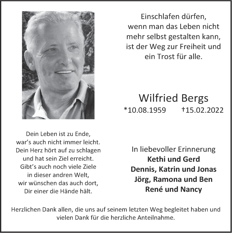  Traueranzeige für Wilfried Bergs vom 13.03.2022 aus Zeitung am Sonntag