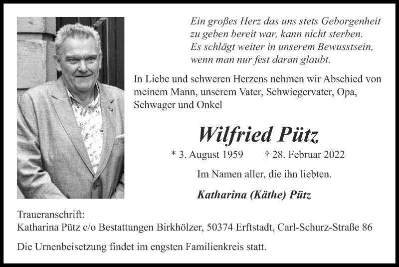  Traueranzeige für Wilfried Pütz vom 13.03.2022 aus Zeitung am Sonntag