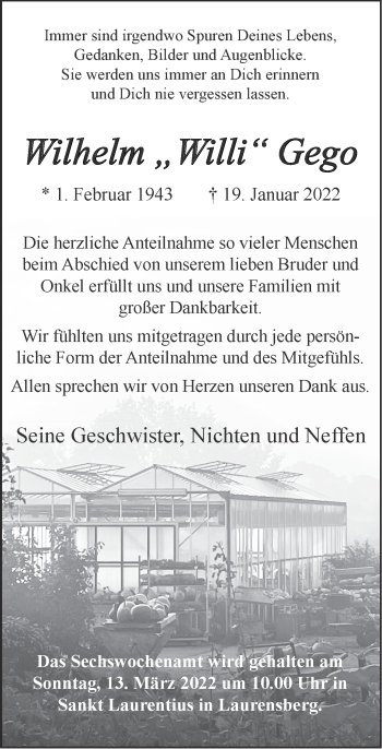 Traueranzeige von Wilhelm Gego von Zeitung am Sonntag