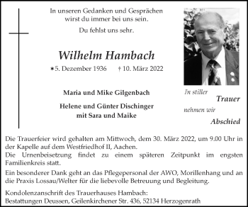 Traueranzeige von Wilhelm Hambach von Zeitung am Sonntag