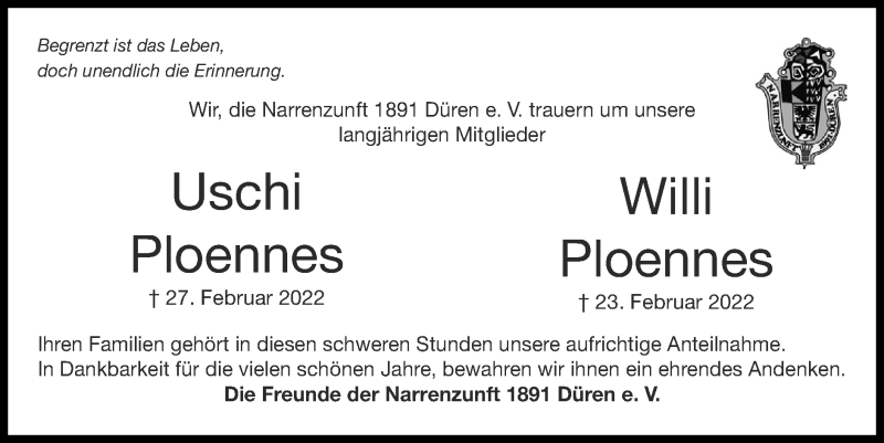  Traueranzeige für Willi Ploennes vom 27.03.2022 aus Zeitung am Sonntag