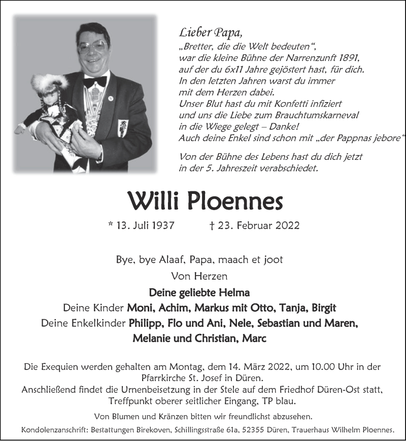  Traueranzeige für Willi Ploennes vom 06.03.2022 aus Zeitung am Sonntag