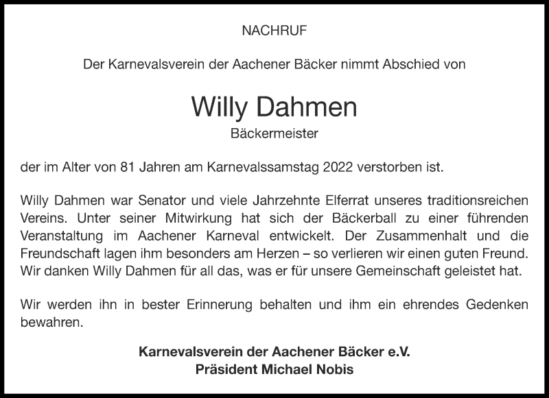 Traueranzeige für Willy Dahmen vom 12.03.2022 aus Aachener Zeitung / Aachener Nachrichten