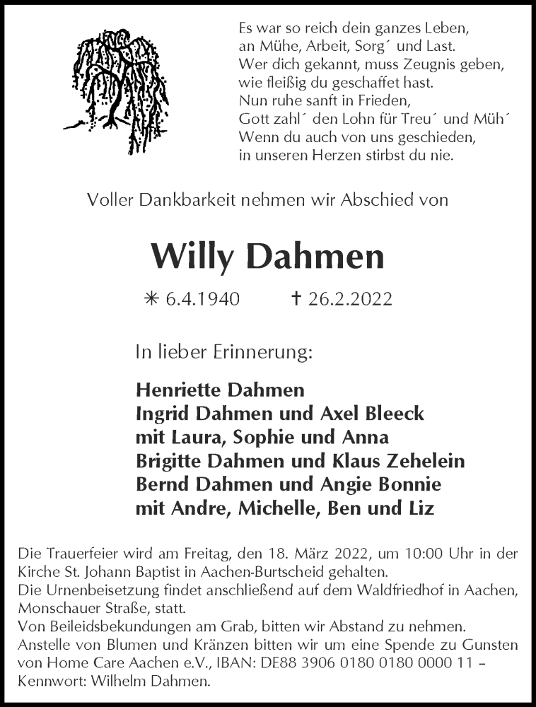 Traueranzeige für Willy Dahmen vom 12.03.2022 aus Aachener Zeitung / Aachener Nachrichten