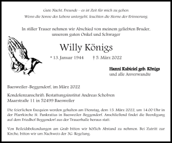 Traueranzeige von Willy Königs von Zeitung am Sonntag
