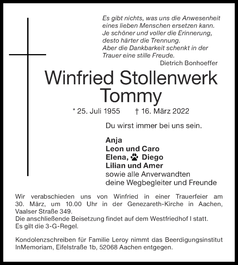  Traueranzeige für Winfried Stollenwerk vom 27.03.2022 aus Zeitung am Sonntag