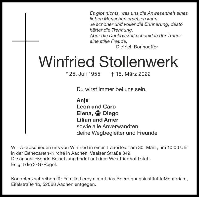  Traueranzeige für Winfried Stollenwerk vom 26.03.2022 aus Aachener Zeitung / Aachener Nachrichten