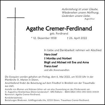 Traueranzeige von Agathe Cremer-Ferdinand von Zeitung am Sonntag
