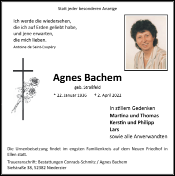 Traueranzeige von Agnes Bachem von Zeitung am Sonntag