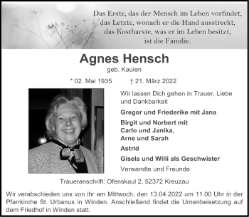 Traueranzeige von Agnes Hensch von Aachener Zeitung / Aachener Nachrichten