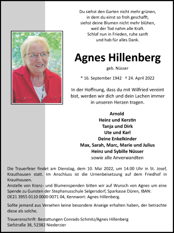 Traueranzeige von Agnes Hillenberg von Zeitung am Sonntag