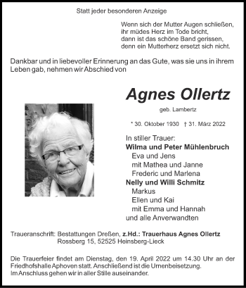 Traueranzeige von Agnes Ollertz von Zeitung am Sonntag
