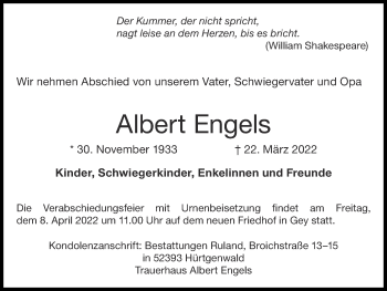 Traueranzeige von Albert Engels von Zeitung am Sonntag