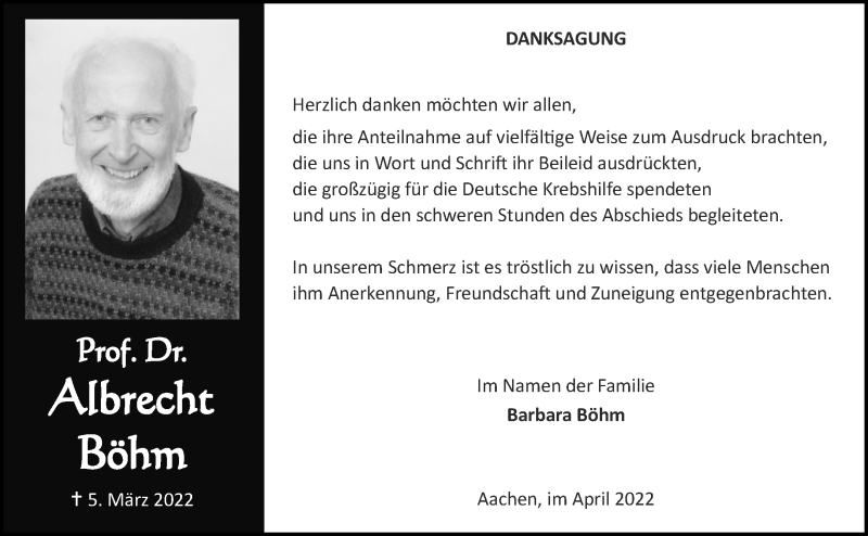  Traueranzeige für Albrecht Böhm vom 30.04.2022 aus Aachener Zeitung / Aachener Nachrichten