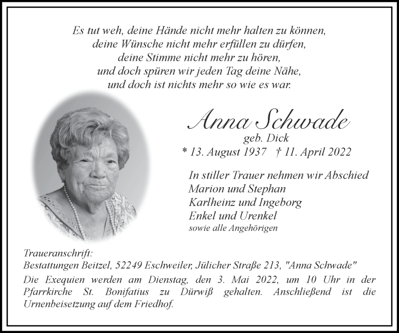  Traueranzeige für Anna Schwade vom 24.04.2022 aus Zeitung am Sonntag