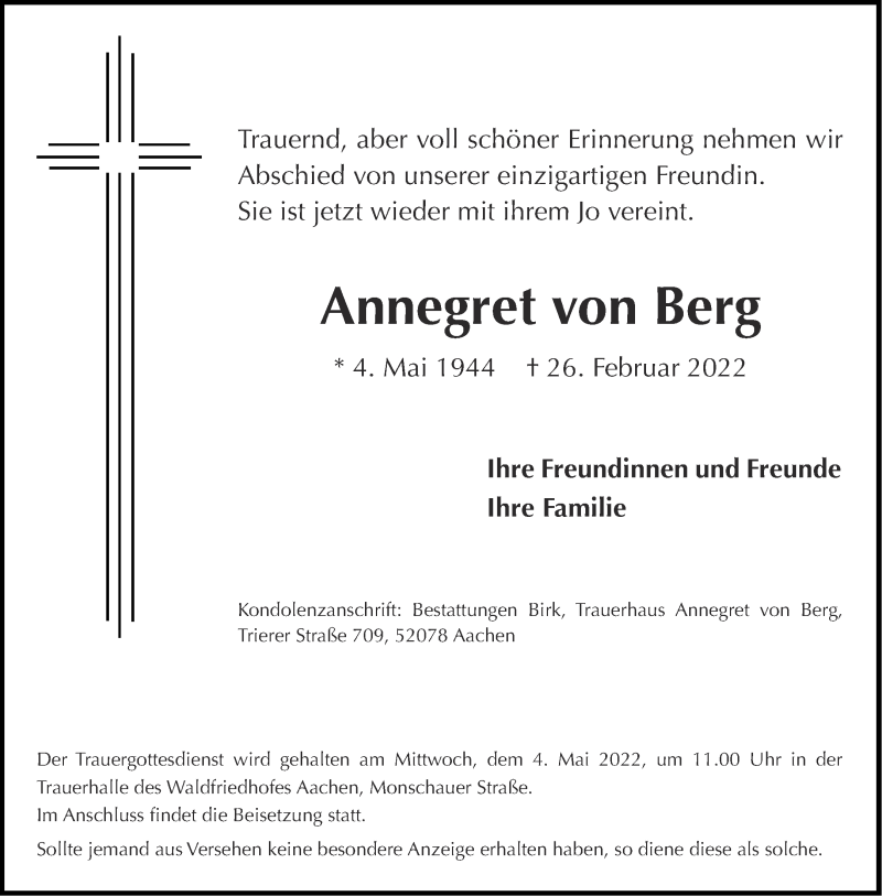  Traueranzeige für Annegret von Berg vom 09.04.2022 aus Aachener Zeitung / Aachener Nachrichten
