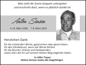 Traueranzeige von Anton Sensen von Zeitung am Sonntag